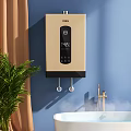 Electric Water Heater in Modern Bathroom with White Bathtub Green Plant and Bright Lighting