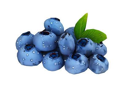 Heap of Fresh Juicy Plump Blueberries with Glistening Water Droplets and Green Leaves 3d model