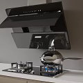 Modern Kitchen Cookware With Black Range Hood Gas Stove And Stainless Steel Wok