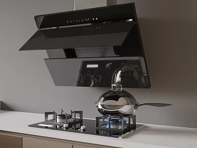 Modern Kitchen Cookware With Black Range Hood Gas Stove And Stainless Steel Wok 3d model
