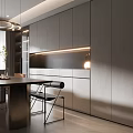 Elegant Modern Restaurant Interior With Dining Table Chairs Cabinets Pendant Lights And Green Plant