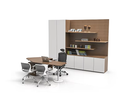 Modern Office Desk Setup With Ergonomic Chairs Shelving Unit Books And Decorative Items 3d model