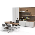 Modern Office Desk Setup With Ergonomic Chairs Shelving Unit Books And Decorative Items