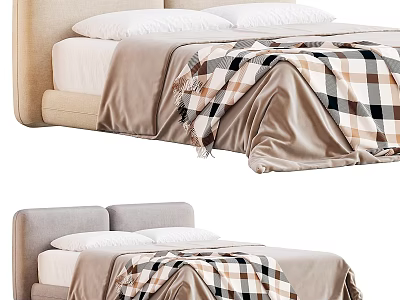 Modern Bed Interior Design With Upholstered Headboard White Pillows And Plaid Blanket 3d model