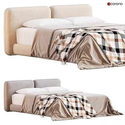 Modern Bed Interior Design With Upholstered Headboard White Pillows And Plaid Blanket 3d model