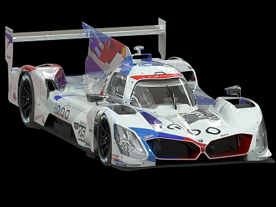 Streamlined White Blue Red Race Car With Large Rear Wing Aerodynamic Body And GO Logo 3d model