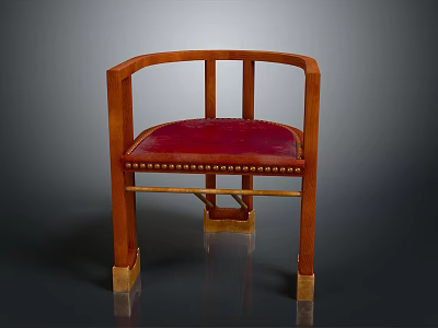 Wooden Chair With Curved Armrests Red Upholstered Seat And Rivet Details Square Legs Design 3d model