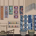 Art Installation With Colorful Geometric Tapestries Vertical Hanging Decor Blue White Tiles And Clay Pots