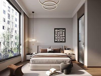 Modern Bedroom Interior With Large Window Circular Pendant Lights Bedside Tables And Decorative Painting 3d model