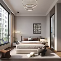 Modern Bedroom Interior With Large Window Circular Pendant Lights Bedside Tables And Decorative Painting