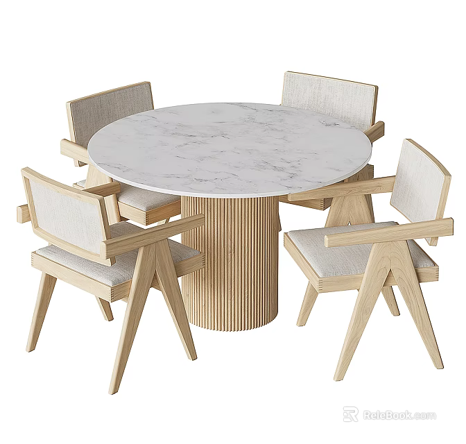 Modern Minimalist Dining Table Set With Round Marble Top And Four Wooden Upholstered Chairs 3d model 