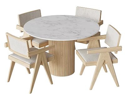 Modern Minimalist Dining Table Set With Round Marble Top And Four Wooden Upholstered Chairs 3d model