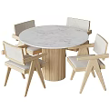 Modern Minimalist Dining Table Set With Round Marble Top And Four Wooden Upholstered Chairs
