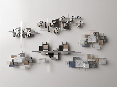 Modern Geometric Wall Decor With Metal Frames Marble Wood Blocks On Interior Wall 3d model