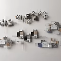 Modern Geometric Wall Decor With Metal Frames Marble Wood Blocks On Interior Wall
