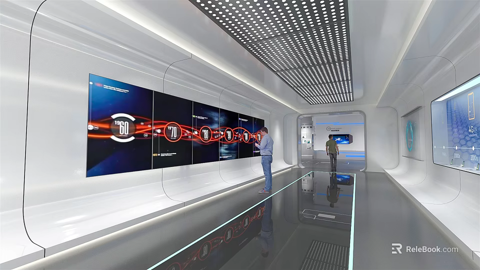 Modern Exhibition Hall Interior With Digital Display Walls And Ambient Lighting Design 3d model 