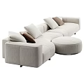 Beige Fabric Sectional Sofa With Beige Brown Cushions And Round Ottoman