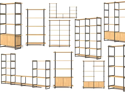 Various Design Display Shelves With Metal Frames And Wooden Shelves 3d model