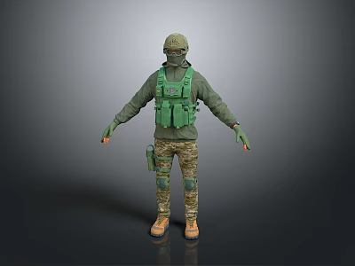 Man In Tactical Gear With Green Vest Camouflage Pants Helmet And Gloves Standing 3d model