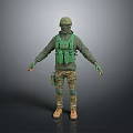 Man In Tactical Gear With Green Vest Camouflage Pants Helmet And Gloves Standing