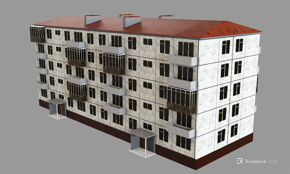 Multi Story School Building with Red Roof White Exterior Walls Windows and Balconies 3d model 