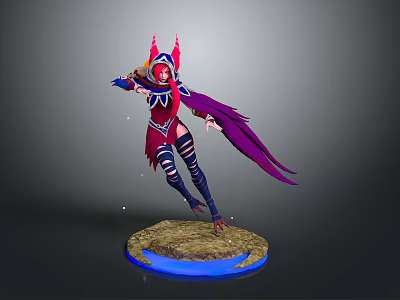 3D Fantasy Female Character Model With Purple Cape Red Blue Armor And Glowing Blue Base 3d model