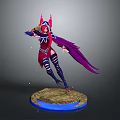 3D Fantasy Female Character Model With Purple Cape Red Blue Armor And Glowing Blue Base