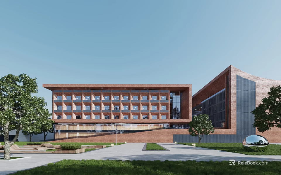 Modern Red Brick Office Building With Large Glass Windows Surrounded By Green Landscaping And Trees 3d model 