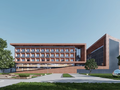 Modern Red Brick Office Building With Large Glass Windows Surrounded By Green Landscaping And Trees 3d model