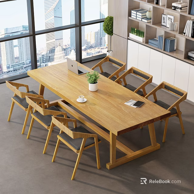 Wooden Office Desk With Laptop Potted Plant Cup Magazine And City View Through Large Windows 3d model 
