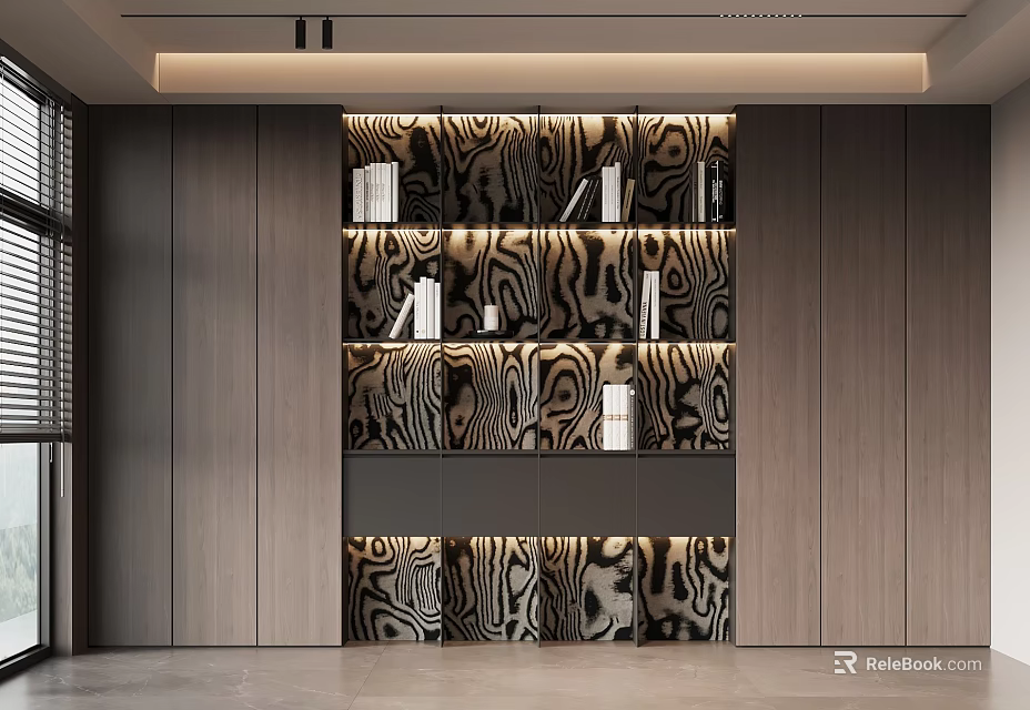 Modern Zebra Pattern Bookcase With Built In Lighting And Wooden Panels 3d model