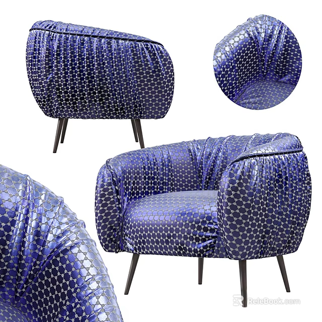 Stylish Single Sofa With Blue Fabric Geometric Pattern And Black Slim Legs 3d model