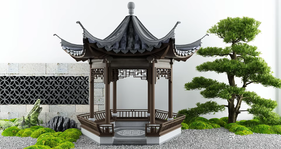 Traditional Chinese Garden Pavilion With Black Tiled Roof Wooden Structure Carved Railings And Pine Tree 3d model 