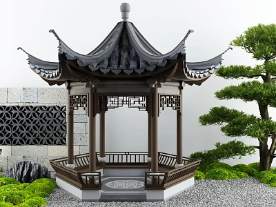 Traditional Chinese Garden Pavilion With Black Tiled Roof Wooden Structure Carved Railings And Pine Tree 3d model