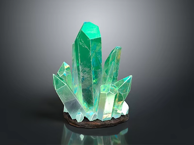 Green Transparent Crystal Cluster With Prismatic Sharp Edges And Brown Base 3d model