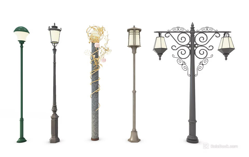 Different Styles Of Outdoor Lights With Decorative Patterns And Vintage Designs For Streets And Gardens 3d model 