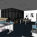 Public Office Space Interior With Large Windows Blue Carpet Wooden Table And Colorful Chairs