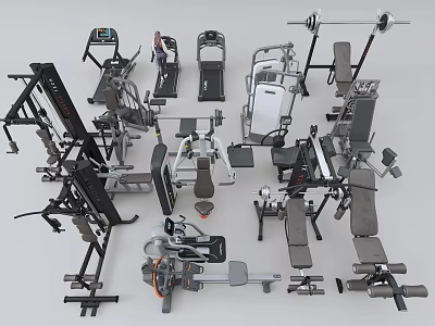 Diverse Sports Equipment Collection Including Treadmills Dumbbells Weight Benches And Exercise Machines 3d model