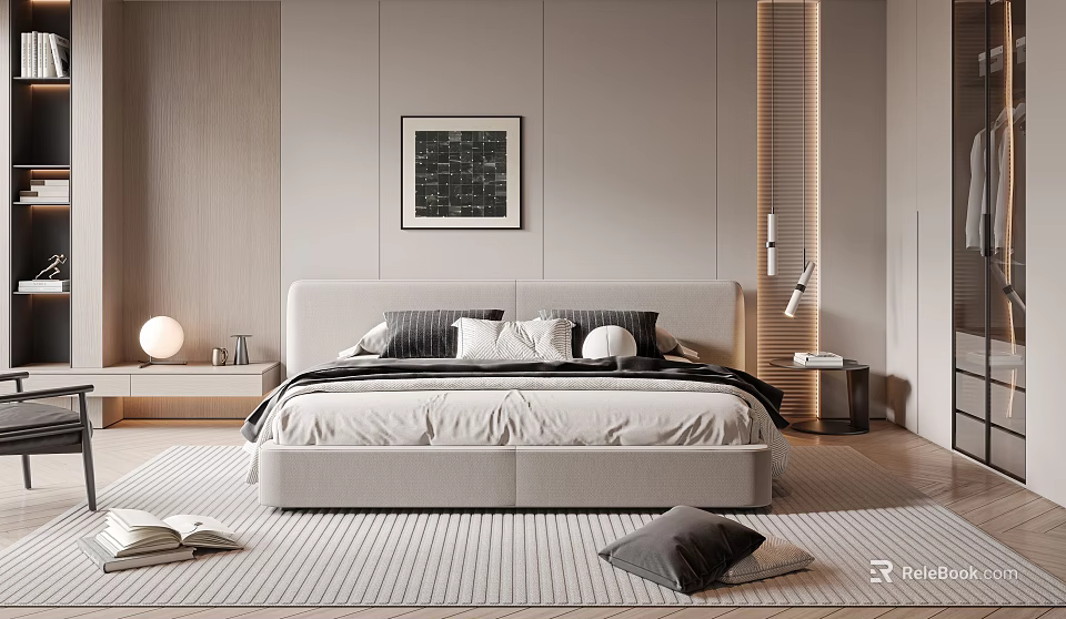 Modern Bedroom Interior With Double Bed Framed Art Nightstand Lamp And Soft Rug 3d model 