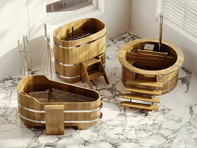 Wooden Storage Racks With Round Oval Design And Silver Metal Bands On Marble Floor 3d model