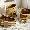 Wooden Storage Racks With Round Oval Design And Silver Metal Bands On Marble Floor