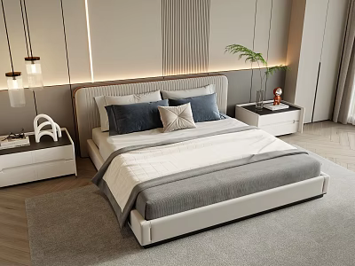 Double Bed with Upholstered Headboard Gray Blue Pillows Nightstands Beige Striped Wall and Gray Rug 3d model