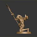 Golden Mythological Statue With Trident Horned Figure And Armored Design On Circular Base