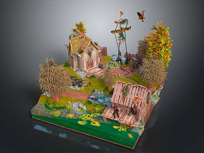 Miniature Rural Landscape Model With Small House Straw Stacks Trees Pond And Wooden Bridge 3d model
