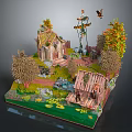 Miniature Rural Landscape Model With Small House Straw Stacks Trees Pond And Wooden Bridge