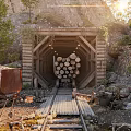 Wooden Tunnel With Stacked Logs On Rail Track Surrounded By Trees Rocks And Rustic Equipment