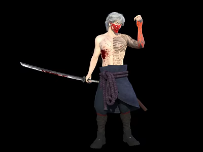 White Haired Red Masked Warrior With Tattooed Torso And Bloodied Longsword Battling Creature 3d model