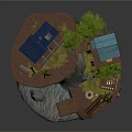 Cartoon Cliffside Scene With Small Houses Green Trees Stream Campfire And Wooden Bridge