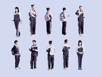 Students In School Uniforms With Backpacks Standing In Various Poses Holding Items 3d model