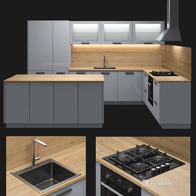 Modern Kitchen With Gray Cabinets Wooden Countertop Island Sink And Cooktop 3d model 